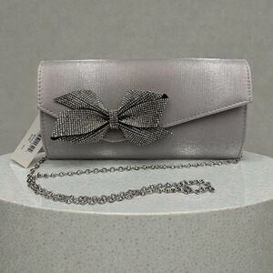 New Nina Silver Satin Rhinestone Bow Evening Clutch Purse Bag Chain Strap